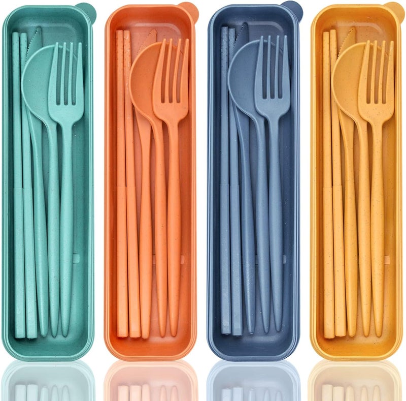 Bukela Travel Utensils with Case, 4 Sets Portable Cutlery Set Chopsticks Knives Fork and Spoon for Lunch Box Accessories, Camping Flatware Sets for Daily Use or Outdoor (4 Colors) - Image 1